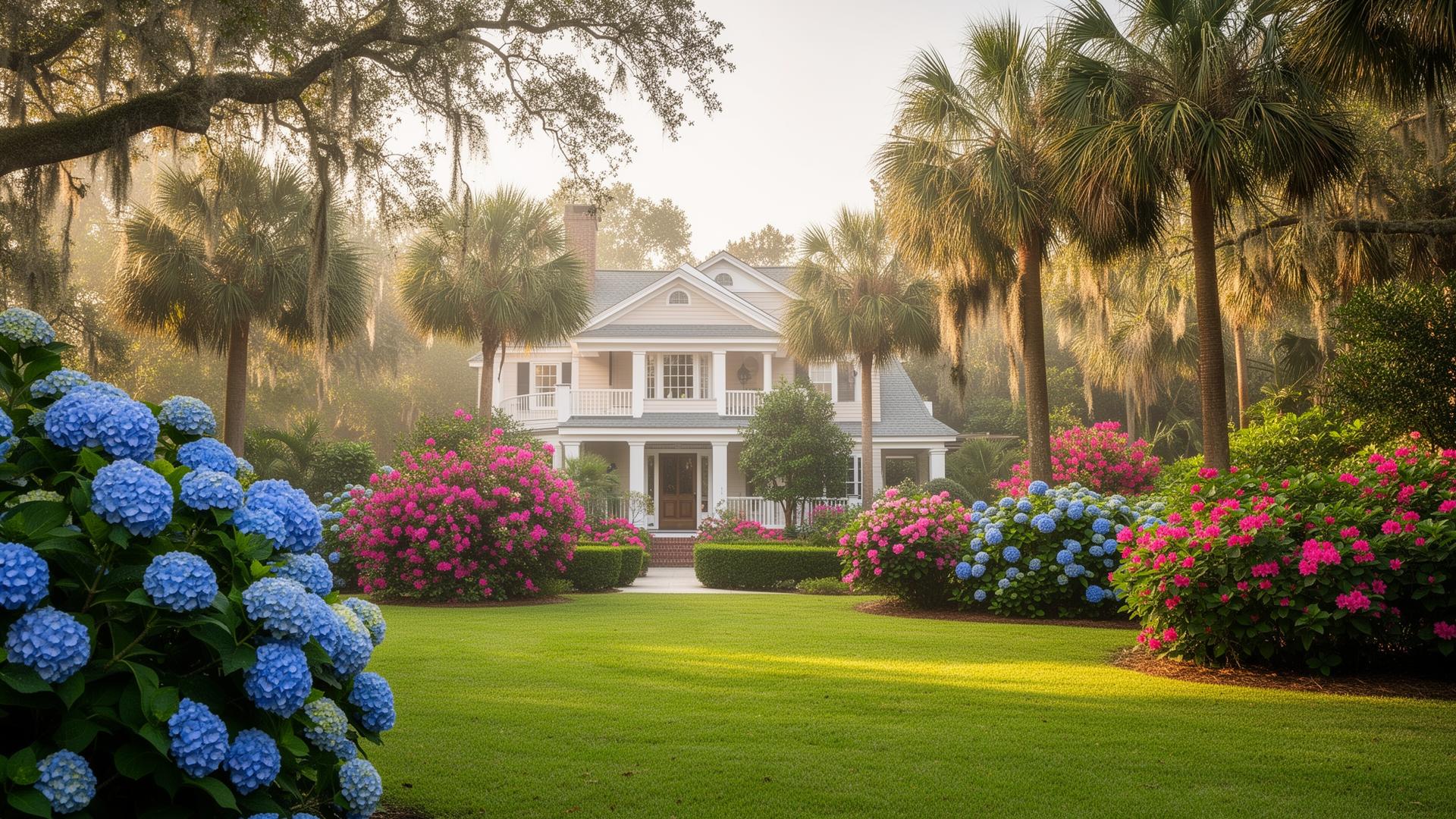 Lush Lowcountry garden estate with hydrangeas and palmetto trees